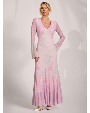 Jolie Moi Long Sleeve Godet Mesh Maxi Dress - Pink