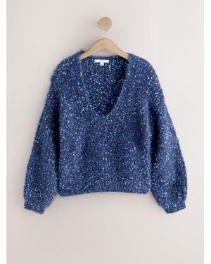 Next Fuzzy Texture V-Neck Knitted Jumper - Blue