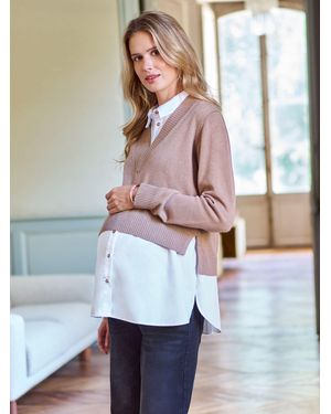 Seraphine Oatmeal Maternity V-Neck Nursing Shirt & Jumper Set - White