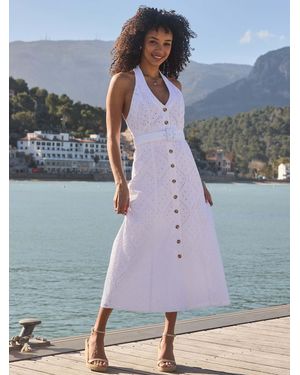 Sosandar Broderie Halter Neck Fit & Flare Belted Dress - Blue