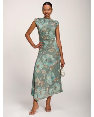 Jolie Moi Asymmetric Draped Mesh Midaxi Dress - Green