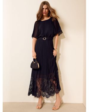 Friends Like These Pleated Short Sleeve Lace Hem Midi Dress - Blue