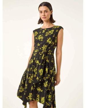 Roman Floral Tie Waist Hanky Hem Dress - Green