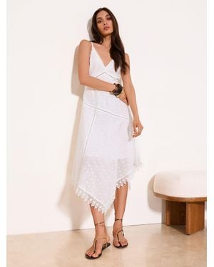 Lipsy Petite Broderie Detail Strappy V Neck Hanky Hem Midi Dress - White