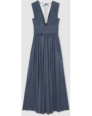 ATELIER Pleated Plunge-Neck Maxi Dress - Blue