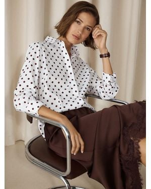Next Burgundy Polka Spot Fitted Stretch Essential Long Sleeve Shirt - Brown