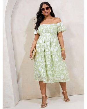Lipsy Curve Premium Floral Embroidered Bardot Midi Prom Dress - Green