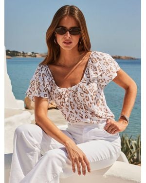 Sosandar Animal Print Ruffle Sleeve Top - White