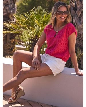 Sosandar Crochet Shirred Hem Keyhole Top With Bead Detail - Pink