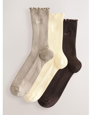 Self Neutral/Cream/Chocolate Lettuce Welt Embroidered Ankle Socks 3 Pack - Natural
