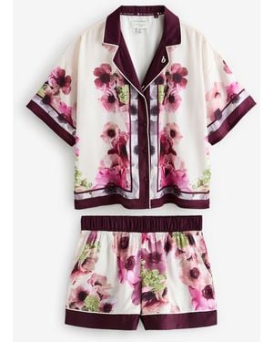 Ted Baker Satin Button Through Ecru Floral Short Pyjamas Set - Pink