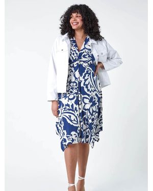 Roman Curve Floral Print Twist Front Dress - Blue