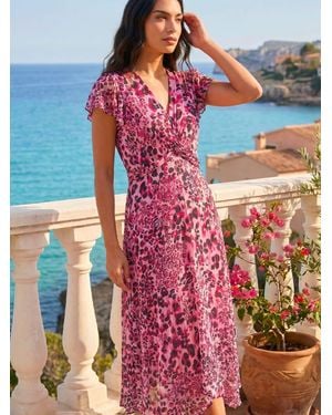 Roman Animal Print Twist Front Midi Dress - Pink