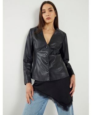 River Island Faux Leather Button Up Fitted V-Neck Top - Black