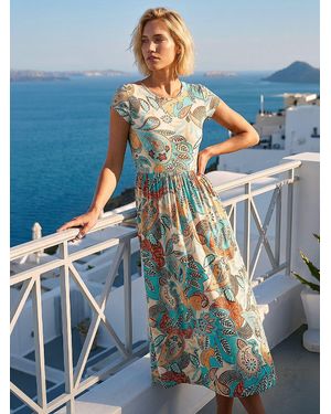 Roman Paisley Print Short Sleeve Midi Dress - Blue