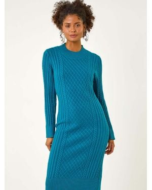 Roman Cable Knit Midi Sweater Dress - Blue
