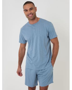 Threadbare Grandad Pyjama Top & Shorts Set - Blue