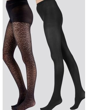 Pretty Polly Plain Opaque & Leopard Tights 60 Denier 2 Pack - Black
