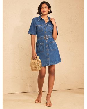 Love & Roses Denim Belted Utility Style Short Sleeve Dress - Blue