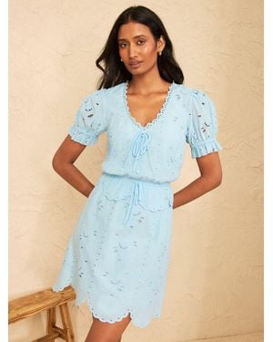 Love & Roses Petite Broderie Frill Detail Tie Mini Dress - Blue