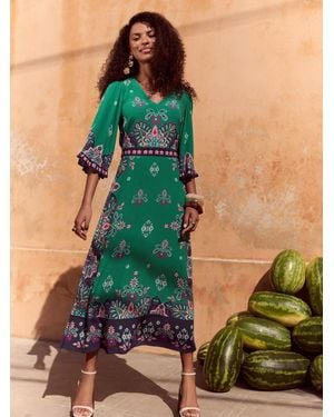 Love & Roses Printed V-Neck Kimono Sleeve Midi Dress - Green