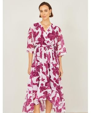Yumi' Kimono Sleeves Midi Dip Hem Wrap Midi Dress - Pink