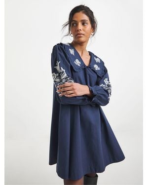 Simply Be Cotton Poplin Embroidered Sleeve Collared Swing Dress - Blue