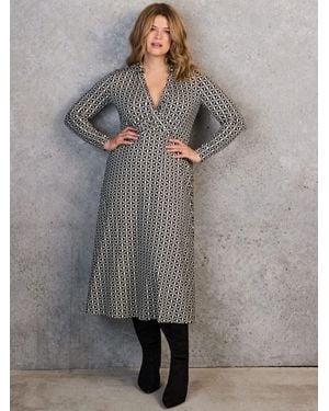 Live Unlimited Geo Print Collar Wrap Jersey Dress - Gray