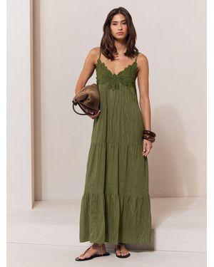Lipsy Crochet Trim V-Neck Strappy Sparkle Metallic Maxi Dress - Green