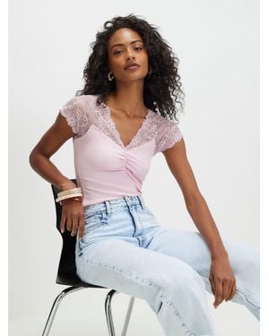 River Island Short Sleeve Lace Trim Ruched Top - White