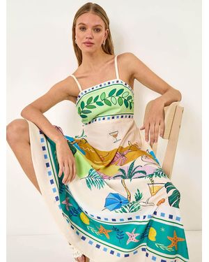 Roman Beach Print Strappy Midi Dress - Green