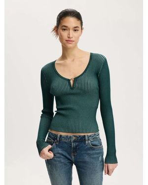 Cotton On Two Tone Rib Keyhole Knit Top - Green