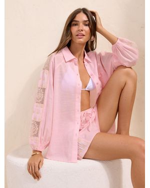 Friends Like These Long Sleeve Crochet Insert Shirt - Pink