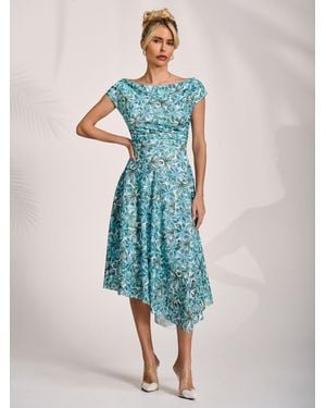 Jolie Moi Asymmetric Printed Lace Draped Dress - Blue