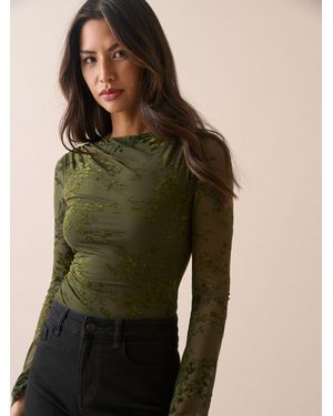 Nobody's Child Nobodys Child Slash Neck Devore Long Sleeve Top - Green