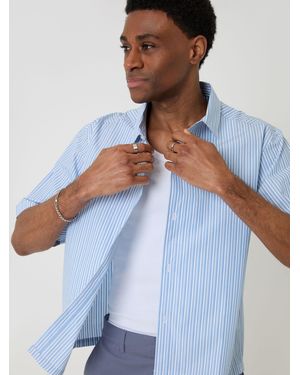 Threadbare Stripe Boxy Fit Cotton Poplin Short Sleeve Shirt - Blue