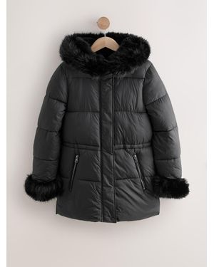Next Short Padded Coat With Faux Fur Trim Hood And Cuffs - Black