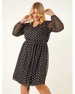 Roman Curve Polka Dot Midi Dress - Black