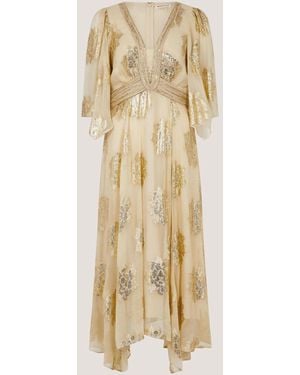 Monsoon Lydia V-Neck Shimmer Midi Dress - Natural