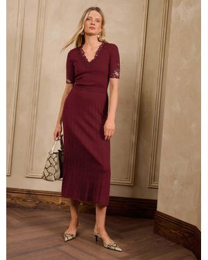 Love & Roses Lace Detail V-Neck Short Sleeve Knitted Midi Dress - Brown