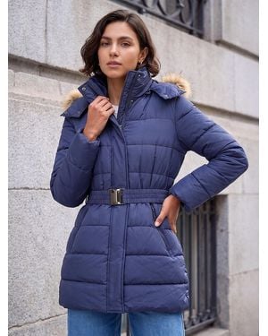 Roman Faux Fur Padded Belt Coat - Blue