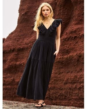 Ro & Zo Cheesecloth Ruffle V-Neck Midi Dress - Brown