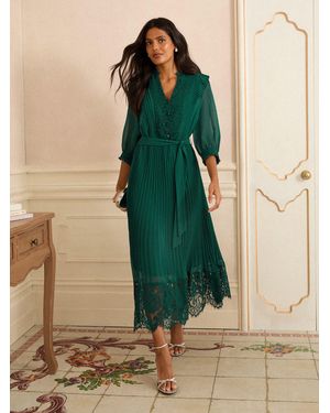 Love & Roses Petite Lace Detail Pleated 3/4 Sleeve Midi Dress - Green