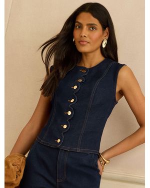 Love & Roses Scallop Detail Denim Waistcoat - Blue