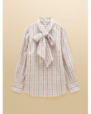 Joules Tabby Cream Tattersall Check Tie Neck Blouse - Natural