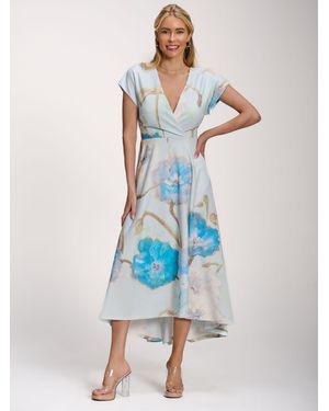 Jolie Moi Printed Scuba Dipped Hem Midi Dress - Blue