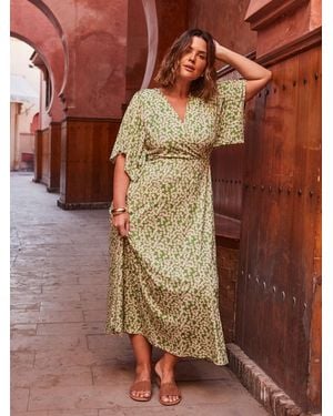 Live Unlimited Live Unlimited Ditsy Jersey Angel Sleeve Wrap Dress - Brown
