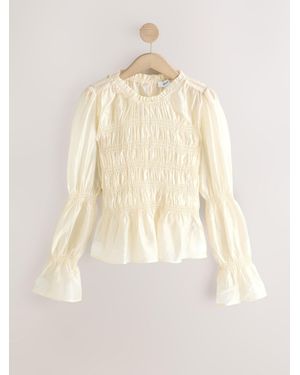 Next Sheer Smocked Long Sleeve Top - Natural