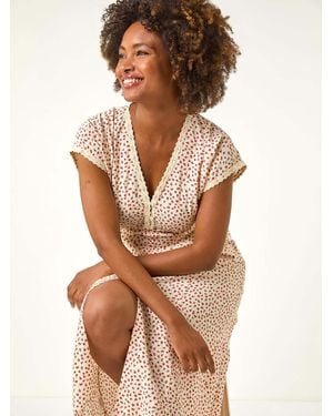 Roman Ditsy Lace Trim Midi Dress - Brown