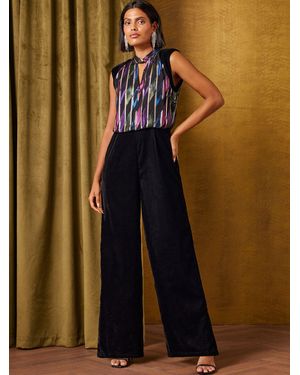 Love & Roses Multi Petite Jacquard Tie Neck Velvet Sleeveless Jumpsuit - Metallic
